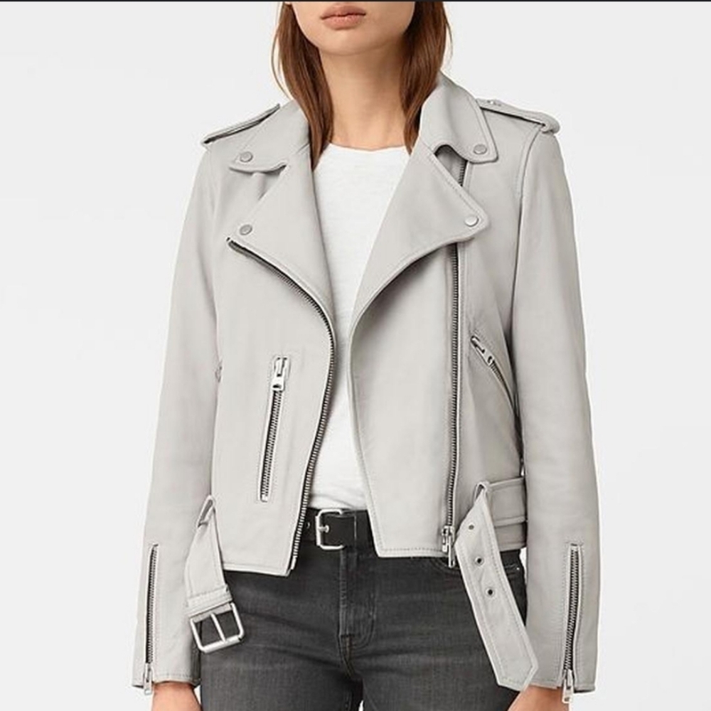 All Saints Off-White Leather Jacket with Zipper Details